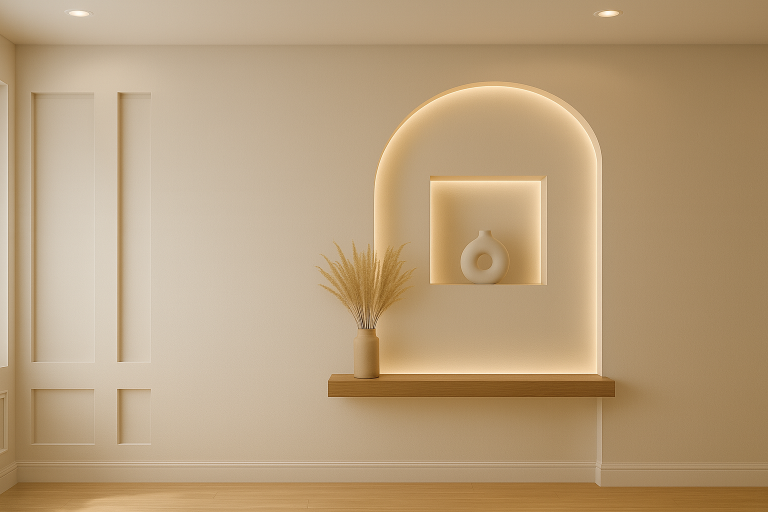 ديكور جدار تلفزيون جبس بورد في الكويت مع إضاءة مخفية ورفوف – عمر جبس بورد الكويت